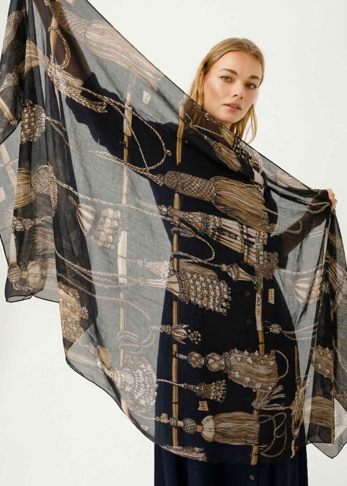 Noİ Viscon Tasel Eskiz Desenli Şal SİYAH 