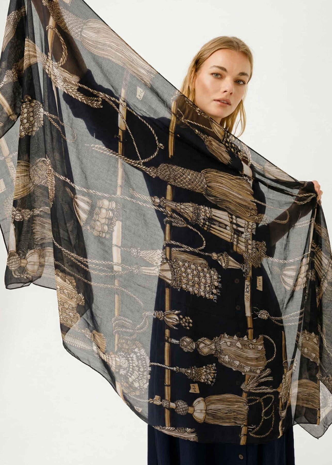 Noİ Viscon Tasel Eskiz Desenli Şal SİYAH - 1