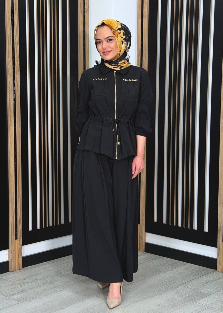 Nuss Belden Büzgülü Zımba Detaylı Pantolonlu Takım SİYAH 