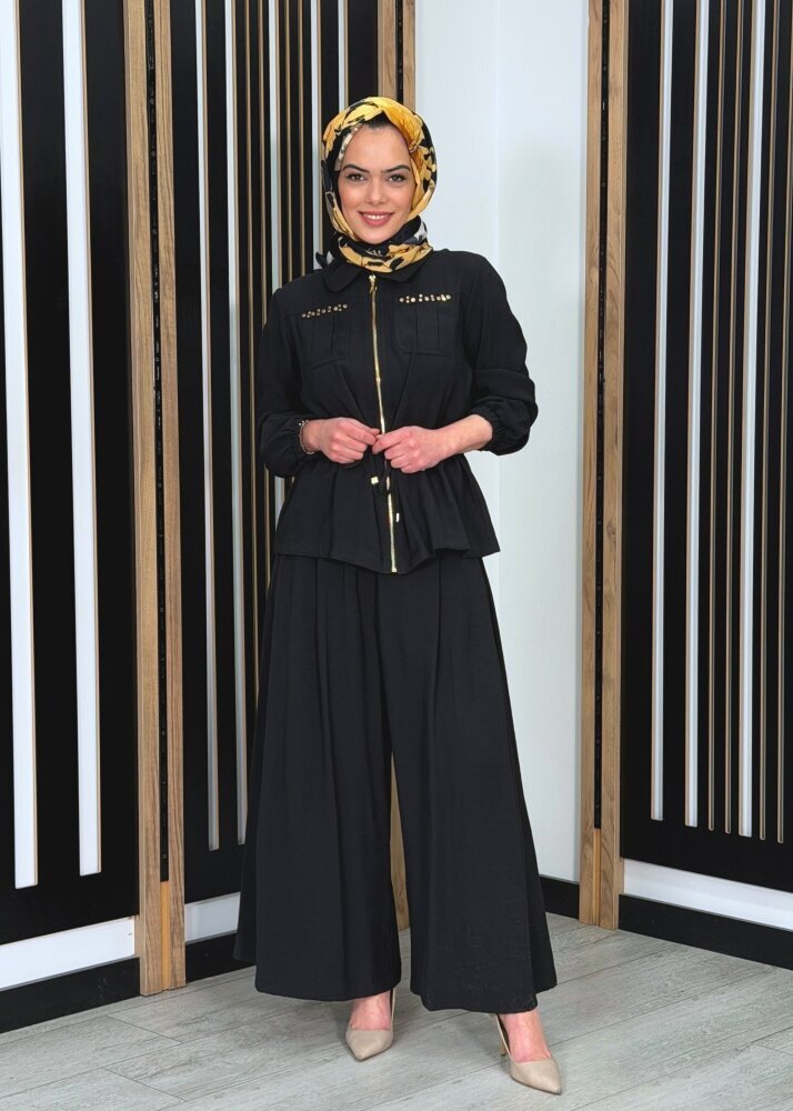 Nuss Belden Büzgülü Zımba Detaylı Pantolonlu Takım SİYAH - 2