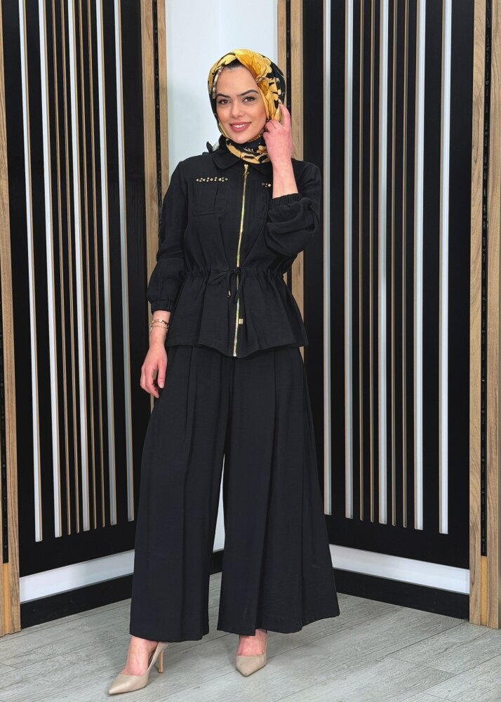 Nuss Belden Büzgülü Zımba Detaylı Pantolonlu Takım SİYAH - 3