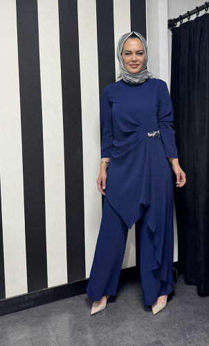 Nuss Beli Taş Detaylı Pantolonlu Takım İNDİGO 