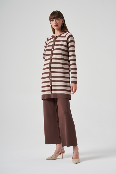 Nuss Çizgili Önden Düğmeli Takım KAHVE - 4