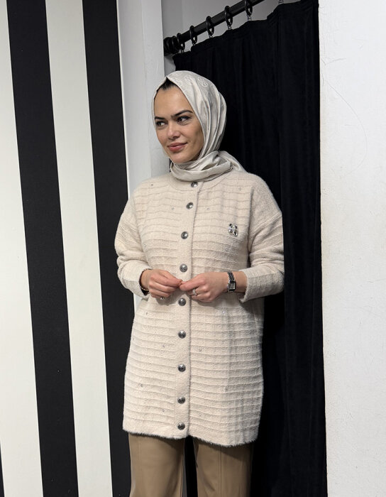 Nuss Çizgili Taş Detaylı Hırka BEJ - 2