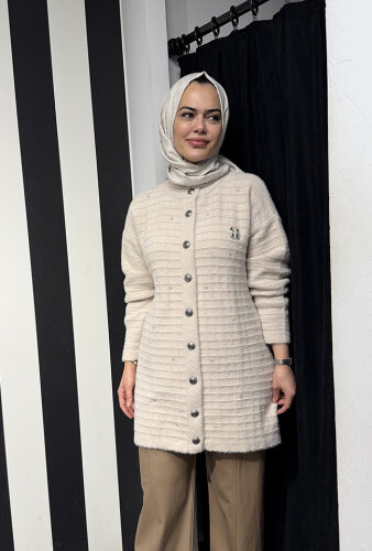 Nuss Çizgili Taş Detaylı Hırka BEJ