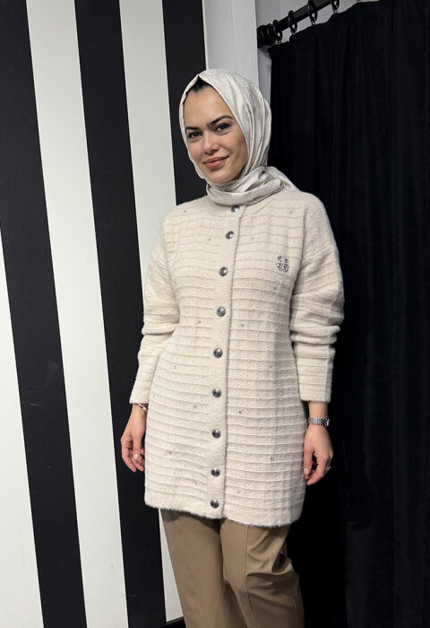 Nuss Çizgili Taş Detaylı Hırka BEJ - 3