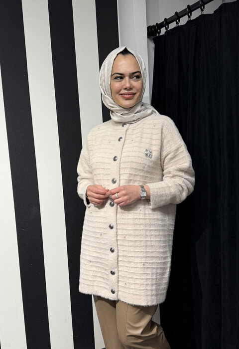 Nuss Çizgili Taş Detaylı Hırka BEJ - 4