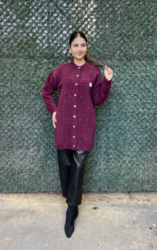 Nuss Çizgili Taş Detaylı Hırka BORDO - 2