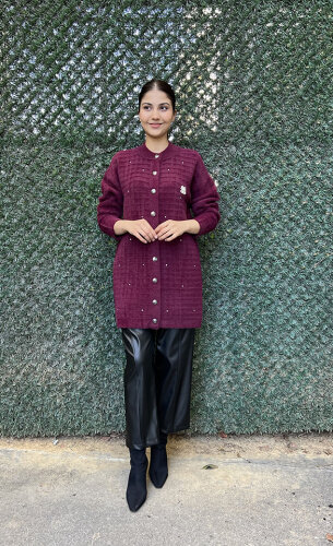 Nuss Çizgili Taş Detaylı Hırka BORDO - 4