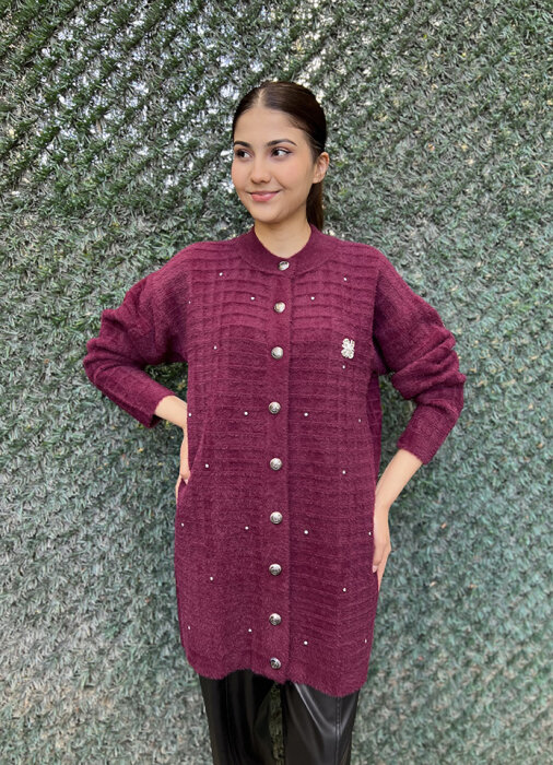 Nuss Çizgili Taş Detaylı Hırka BORDO - 1