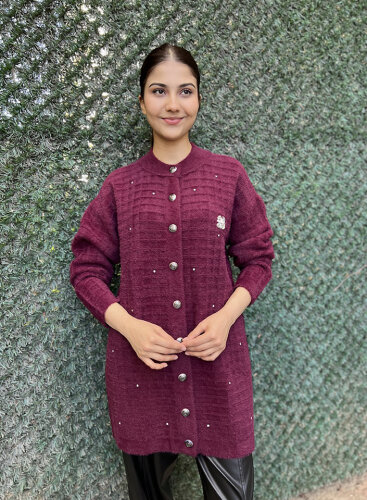 Nuss Çizgili Taş Detaylı Hırka BORDO - 5