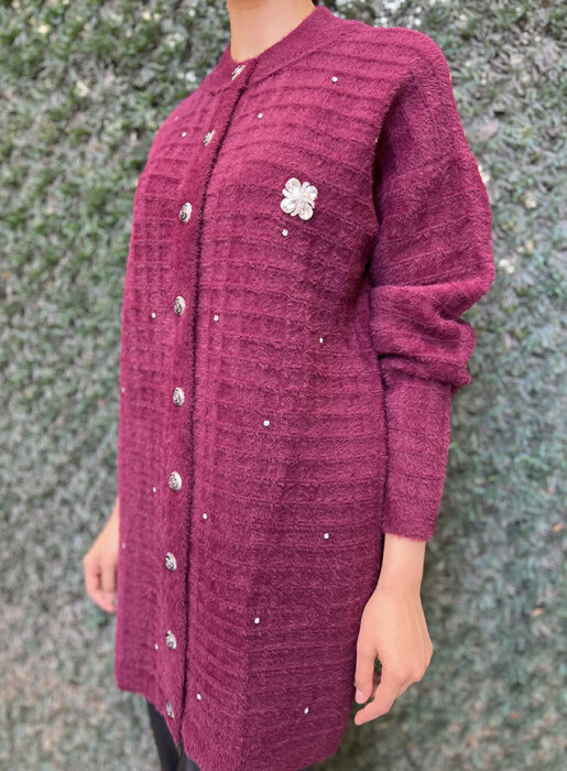 Nuss Çizgili Taş Detaylı Hırka BORDO - 3