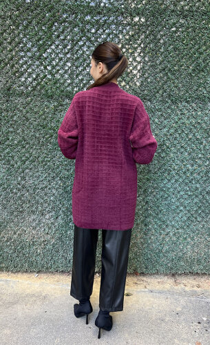 Nuss Çizgili Taş Detaylı Hırka BORDO - 6