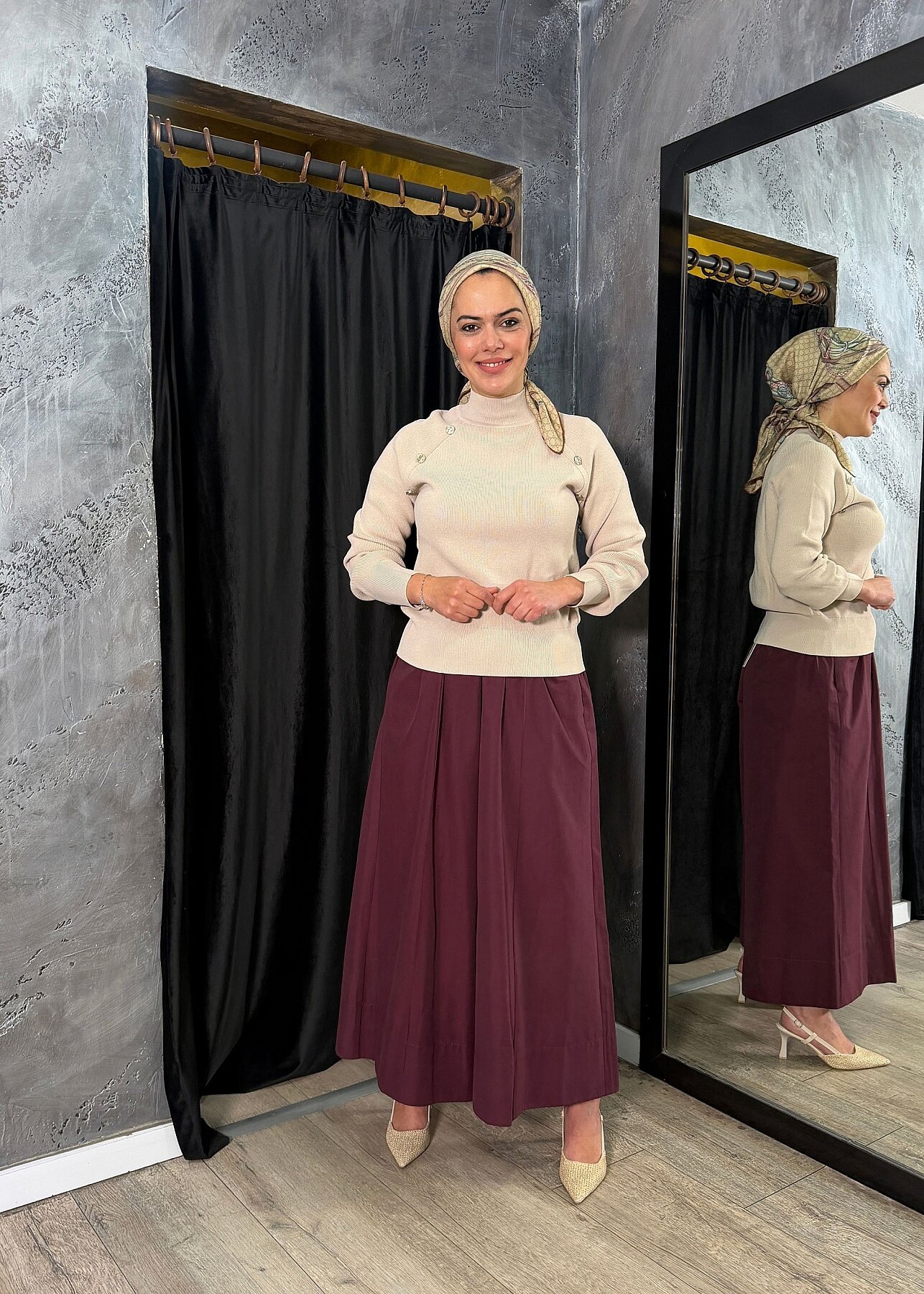 Nuss Düğme Detaylı Balıkçı Yaka Triko Tunik Açık Bej - 2