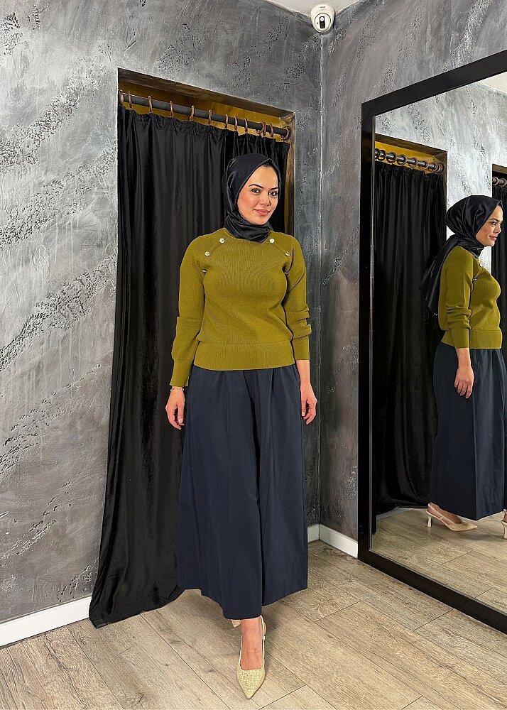 Nuss Düğme Detaylı Balıkçı Yaka Triko Tunik LİME - 5