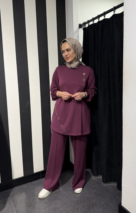 Nuss Fermuar Detaylı Pantolonlu Takım BORDO - 1