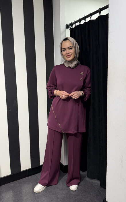 Nuss Fermuar Detaylı Pantolonlu Takım BORDO - 3