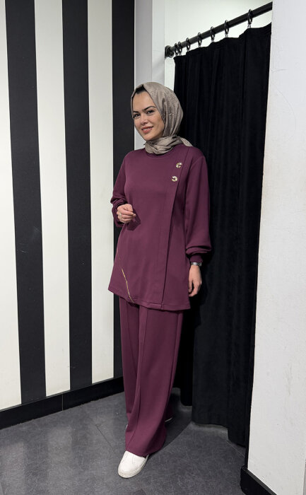 Nuss Fermuar Detaylı Pantolonlu Takım BORDO - 4