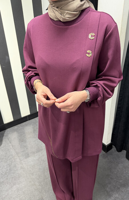 Nuss Fermuar Detaylı Pantolonlu Takım BORDO - 5