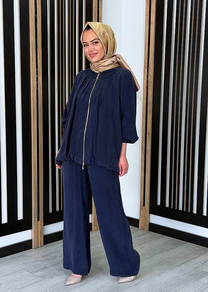 Nuss Fermuarlı Cupro Pantolon Takım LACİVERT