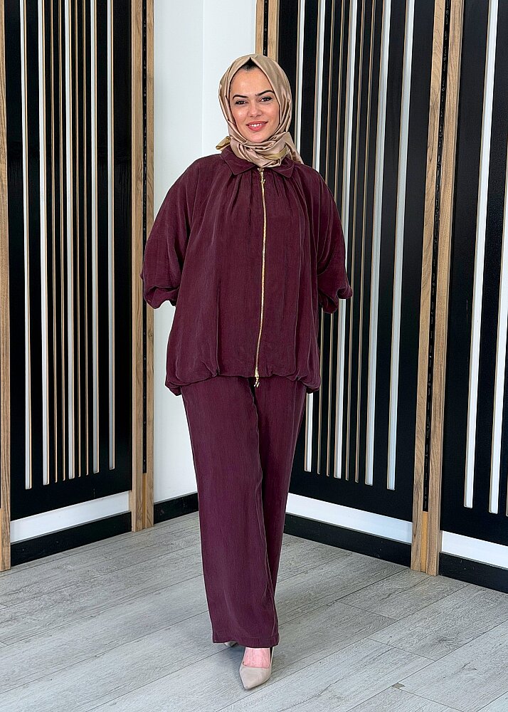 Nuss Fermuarlı Cupro Pantolon Takım MÜRDÜM