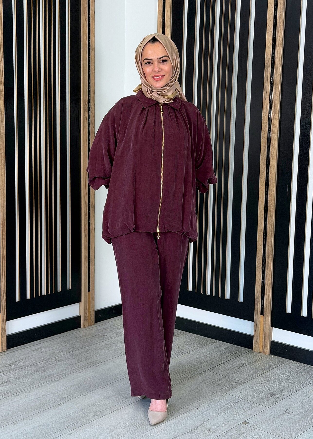 Nuss Fermuarlı Cupro Pantolon Takım MÜRDÜM - 1
