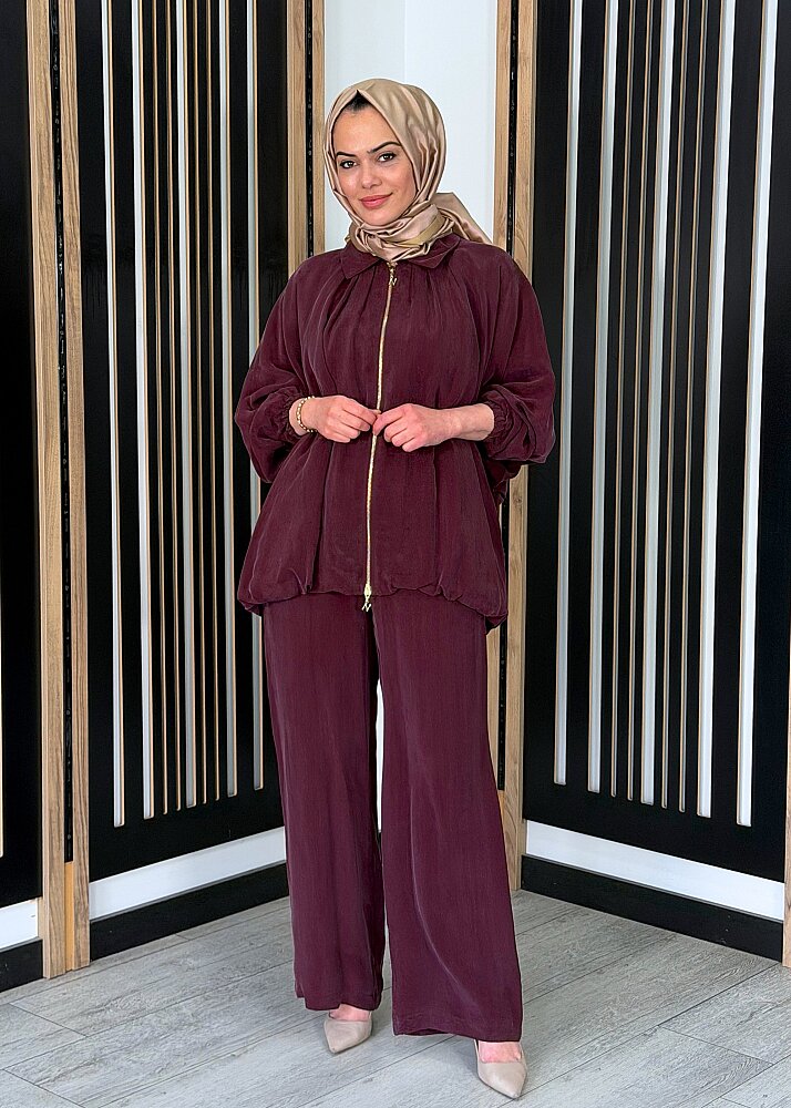 Nuss Fermuarlı Cupro Pantolon Takım MÜRDÜM - 2