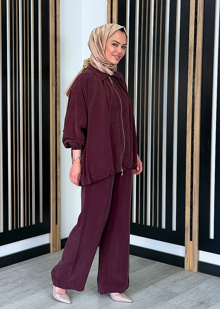 Nuss Fermuarlı Cupro Pantolon Takım MÜRDÜM - 3