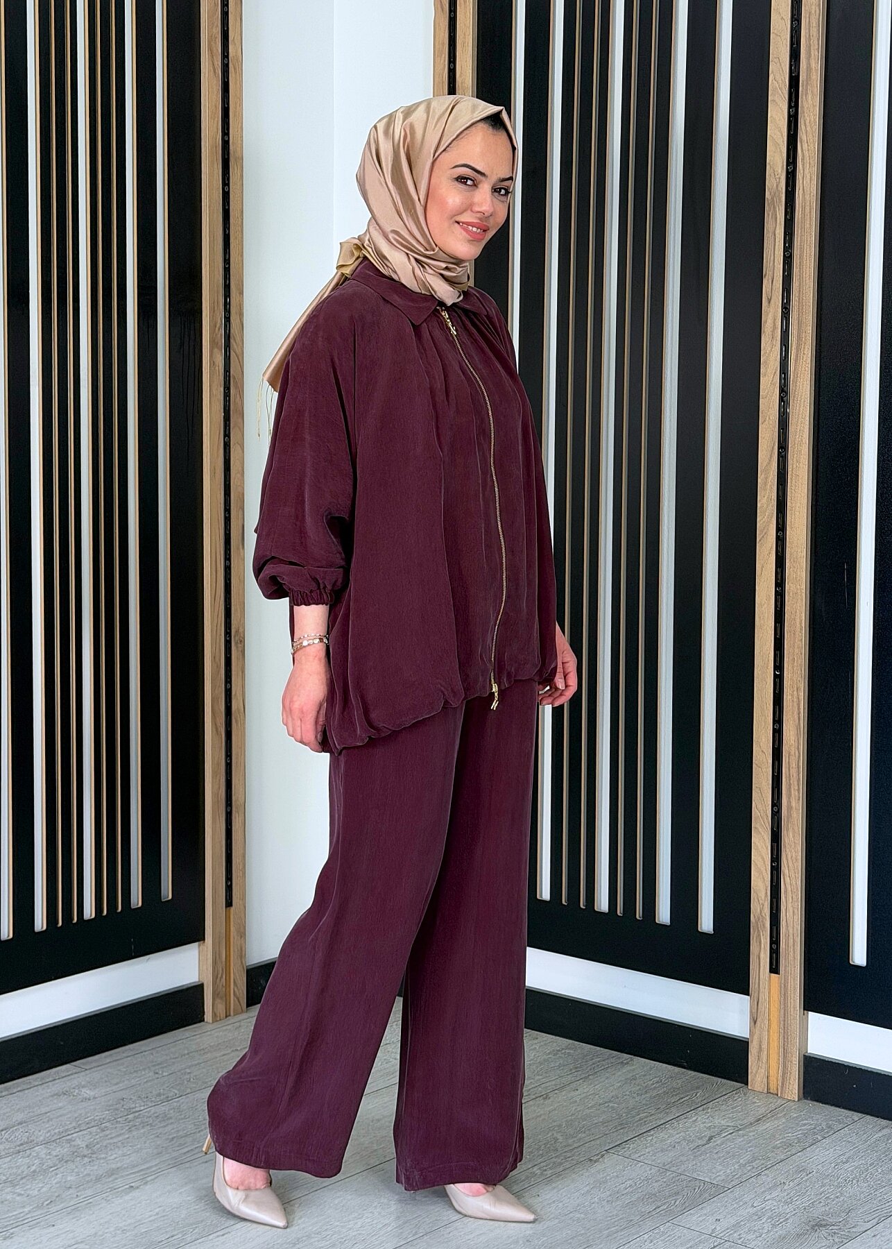 Nuss Fermuarlı Cupro Pantolon Takım MÜRDÜM - 3
