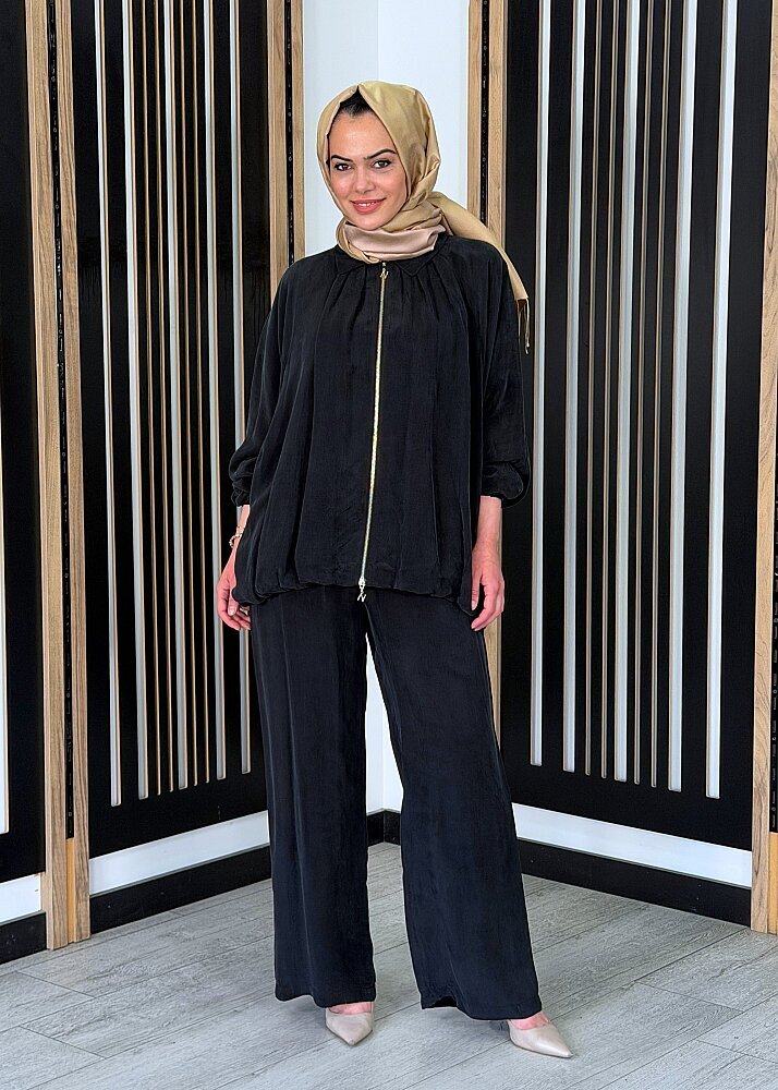 Nuss Fermuarlı Cupro Pantolon Takım SİYAH