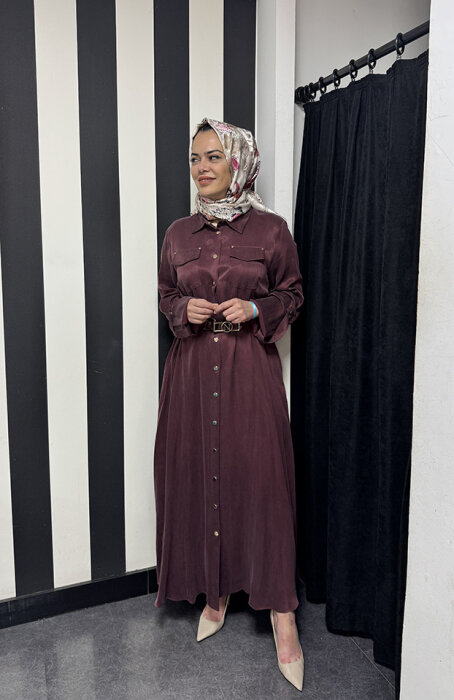 Nuss Gold Düğme Detaylı Elbise BORDO - 3
