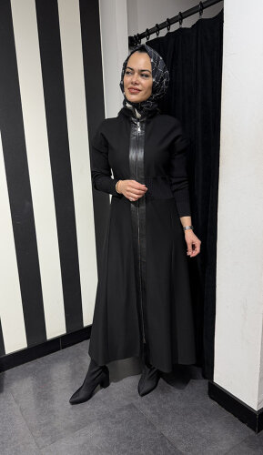 Nuss Kolları Triko Belden Oturtmalı Kap SİYAH