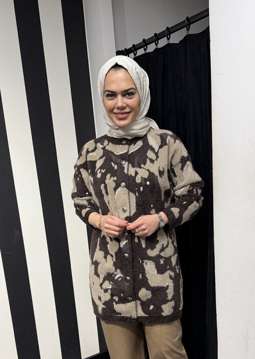 Nuss Leopar Desenli Hırka KAHVE - 1