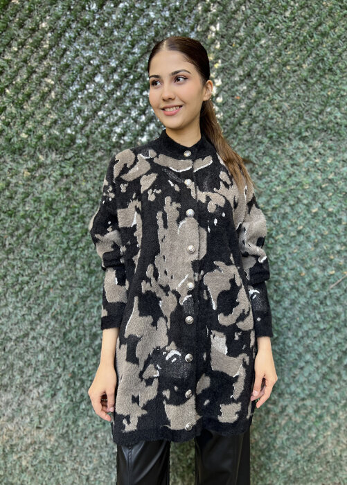 Nuss Leopar Desenli Hırka SİYAH - 1