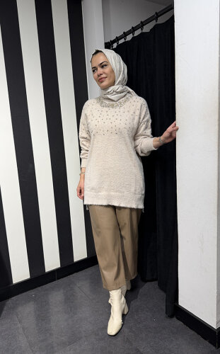 Nuss Önü Boncuklu Kazak BEJ - 2