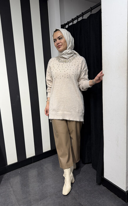 Nuss Önü Boncuklu Kazak BEJ - 2