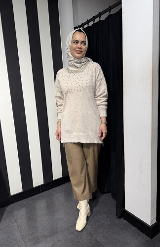 Nuss Önü Boncuklu Kazak BEJ