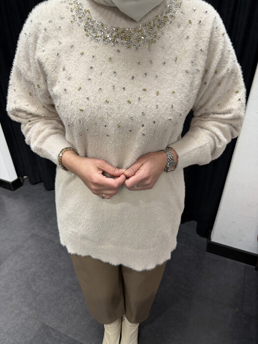 Nuss Önü Boncuklu Kazak BEJ - 3