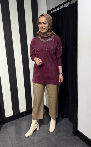 Nuss Önü Boncuklu Kazak BORDO