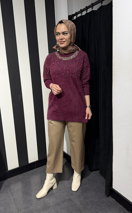 Nuss Önü Boncuklu Kazak BORDO - 1