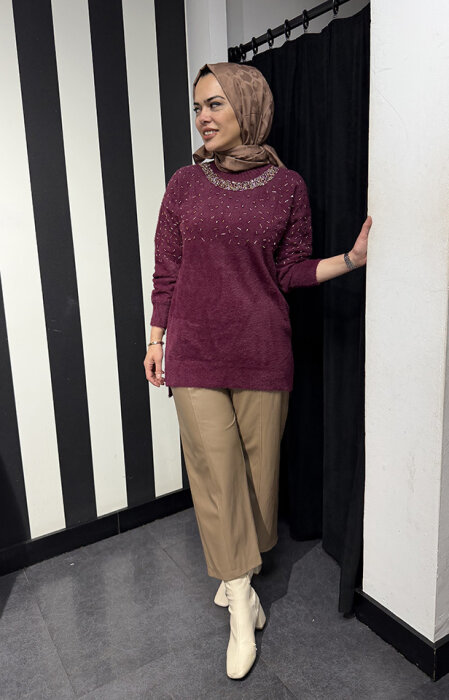 Nuss Önü Boncuklu Kazak BORDO - 2