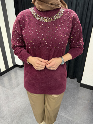 Nuss Önü Boncuklu Kazak BORDO - 3