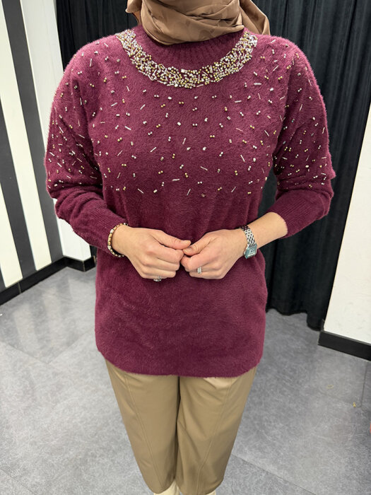 Nuss Önü Boncuklu Kazak BORDO - 3