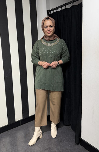 Nuss Önü Boncuklu Kazak HAKİ