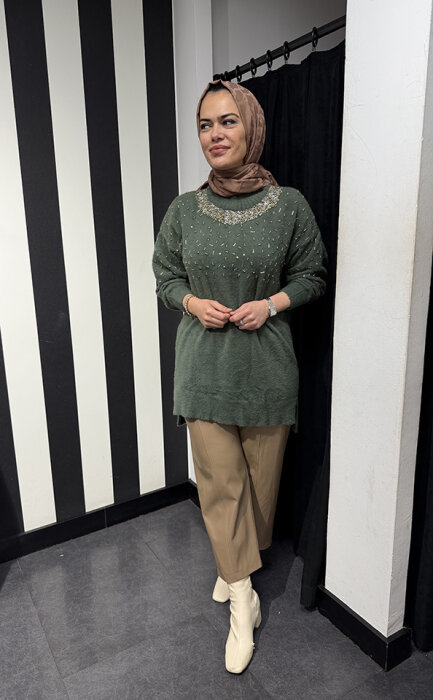 Nuss Önü Boncuklu Kazak HAKİ - 4