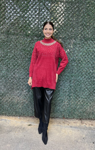 Nuss Önü Boncuklu Kazak KIRMIZI