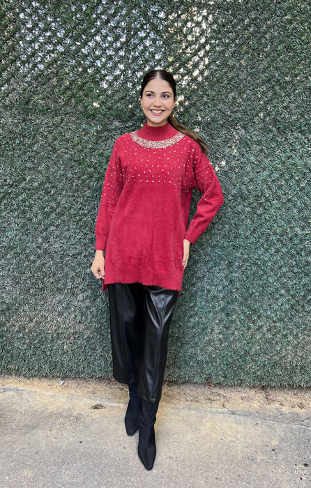 Nuss Önü Boncuklu Kazak KIRMIZI - 1