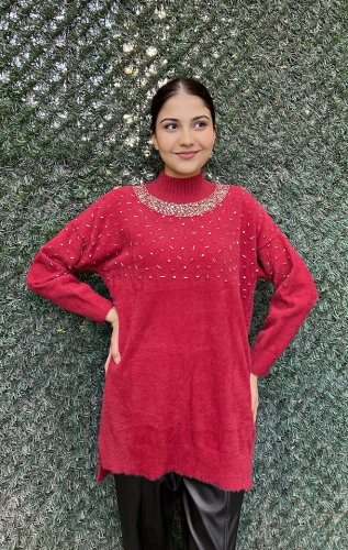 Nuss Önü Boncuklu Kazak KIRMIZI - 5