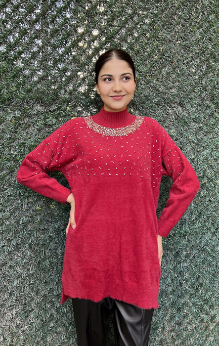 Nuss Önü Boncuklu Kazak KIRMIZI - 5