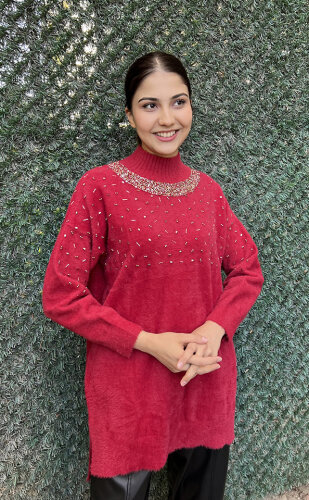 Nuss Önü Boncuklu Kazak KIRMIZI - 3